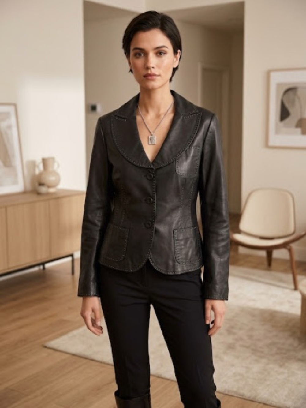 Armani Collezioni Black Leather Button-Front Jacket